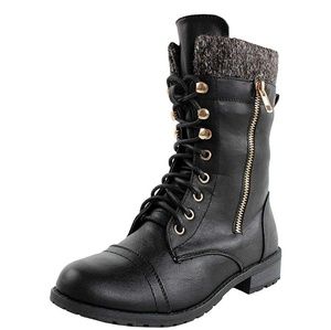 Military Lace Up Knit Ankle Cuff Boots